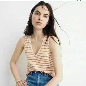 Madewell, yellow Whisper Cotton V-Neck Pocket Tank in Baker Stripe medium